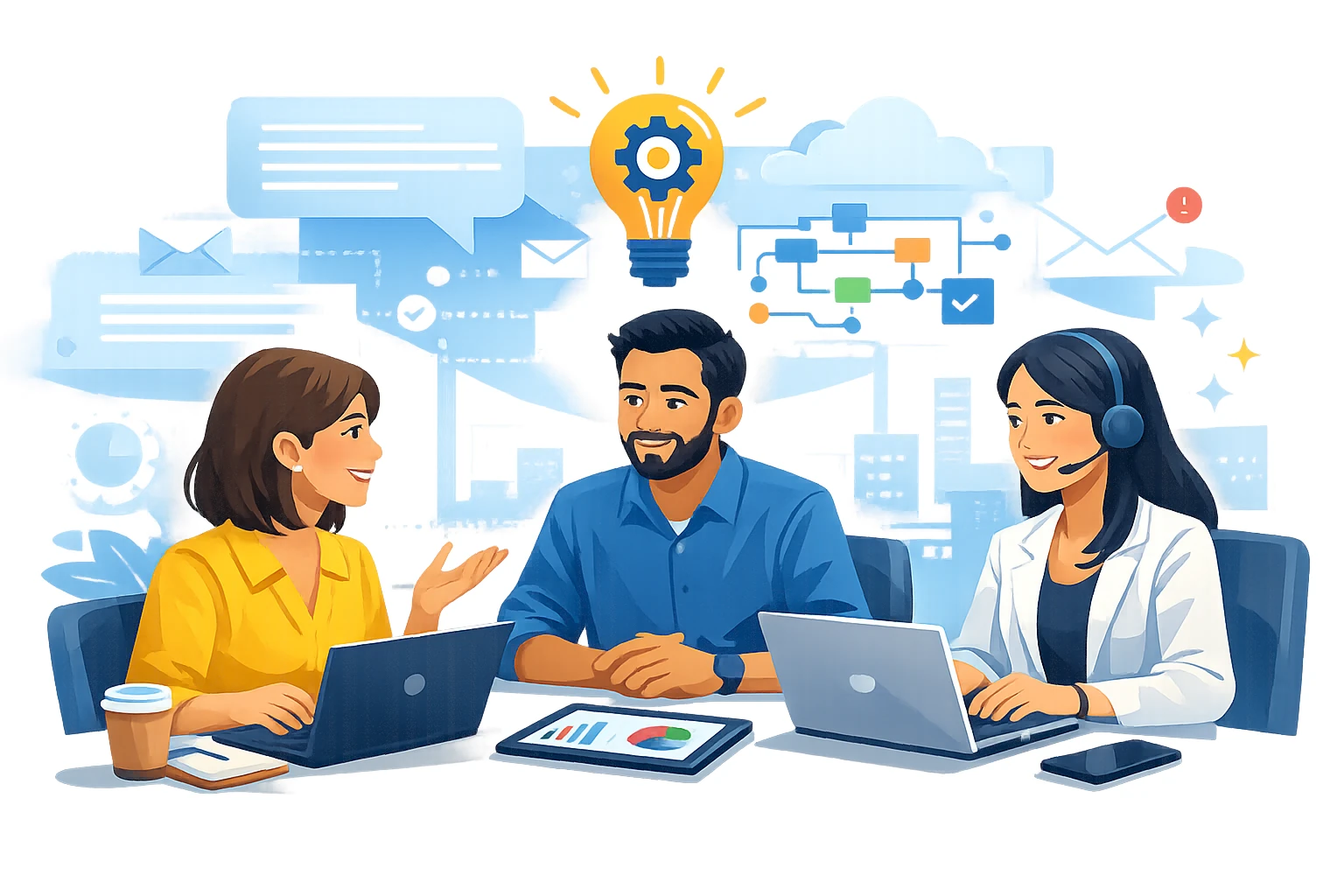 Illustration of a business team discussing a software development requirement