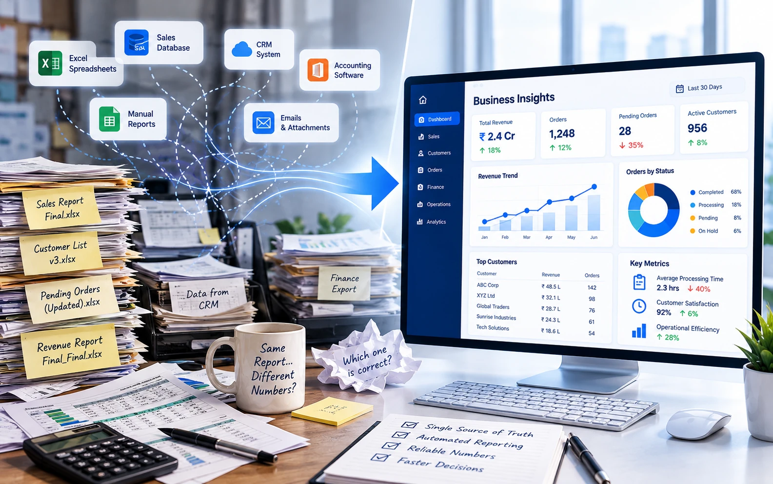 Illustration showing scattered spreadsheets, disconnected business systems and manual reports being transformed into a unified dashboard with reliable data, automated reporting and actionable business insights.