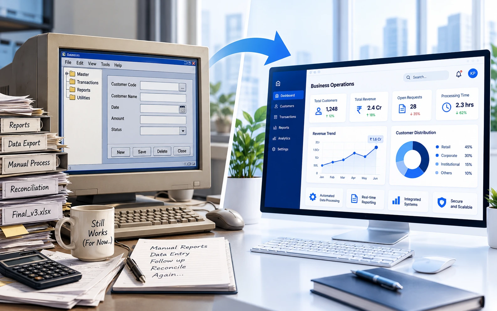 Legacy software modernisation illustrated by a transition from an outdated computer and manual paperwork to a modern business application with automated workflows, analytics and reporting.